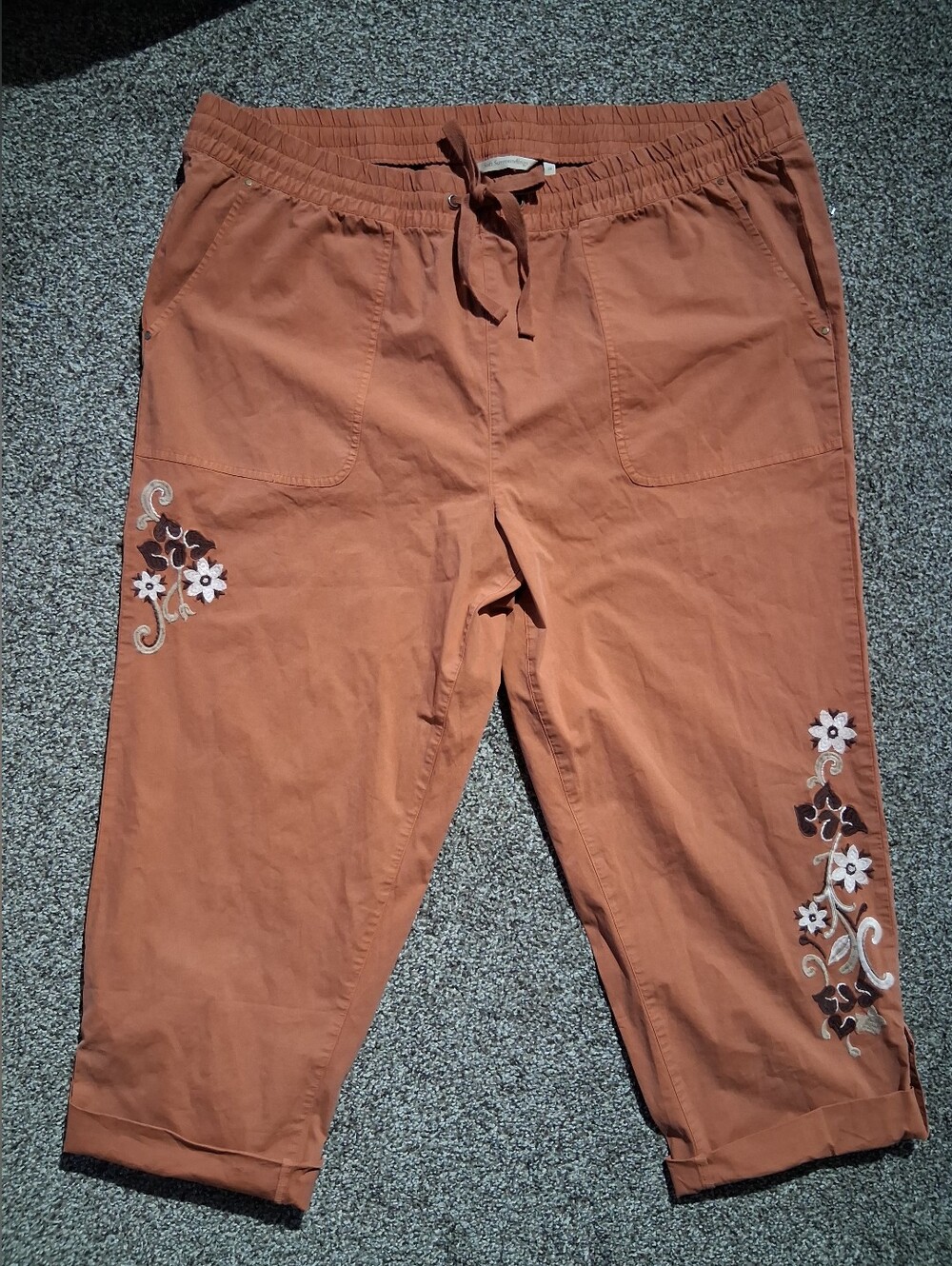 Women's Rust Embroidered Capri Pants - Comfortable Drawstring Waist